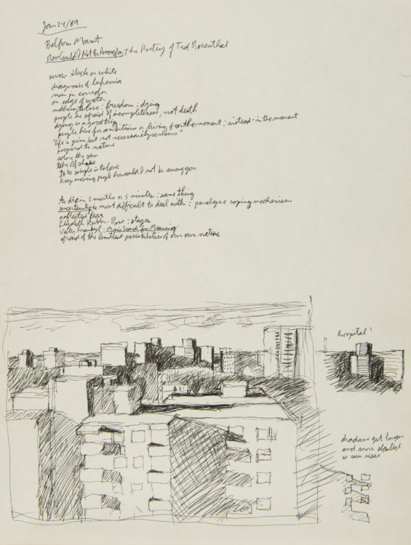 Study for distant view of hospital, notes on Ted Rosenthal large